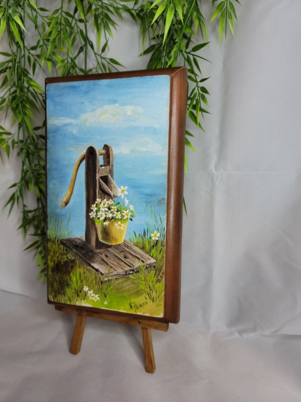 Vintage Hand Painted Handmade Springtime Daisy Flowers Painting with Stand - Picture 7 of 11